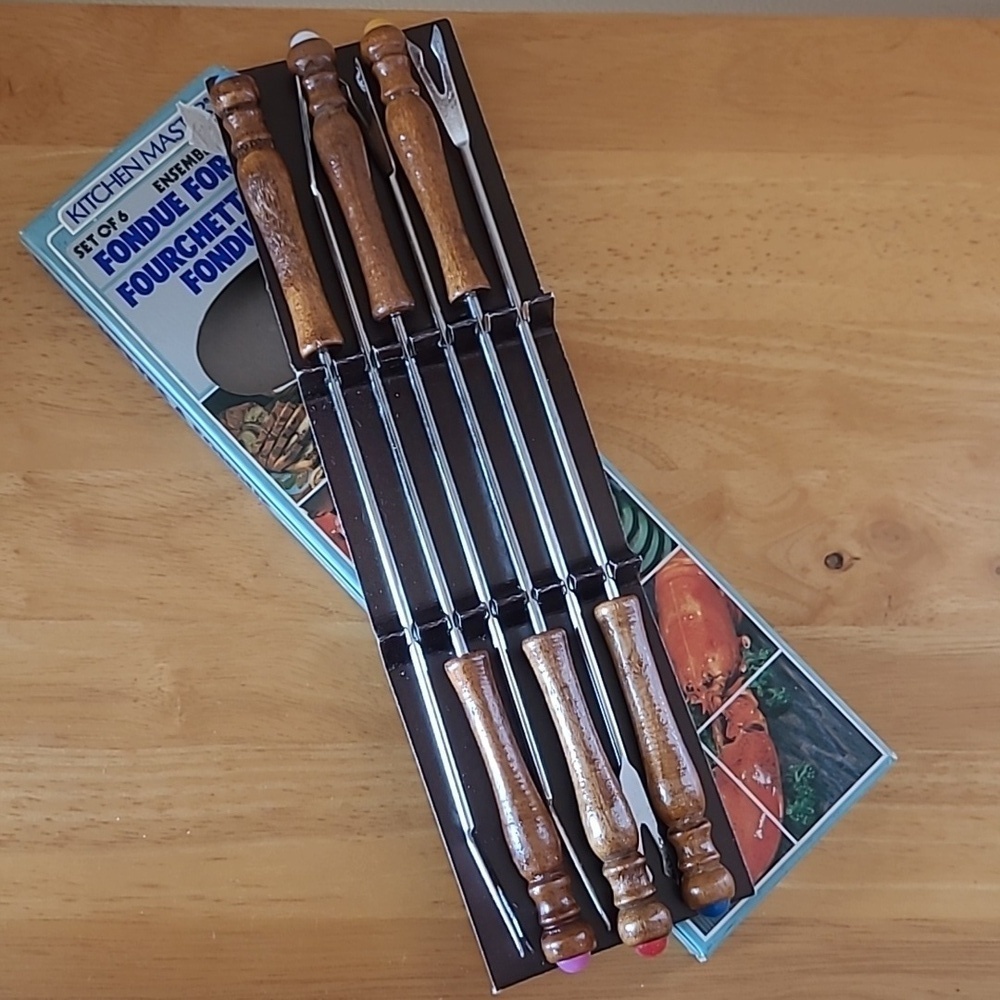 VINTAGE Mid Century Modern Fondue Fork Set, Wood Handles In Original Box